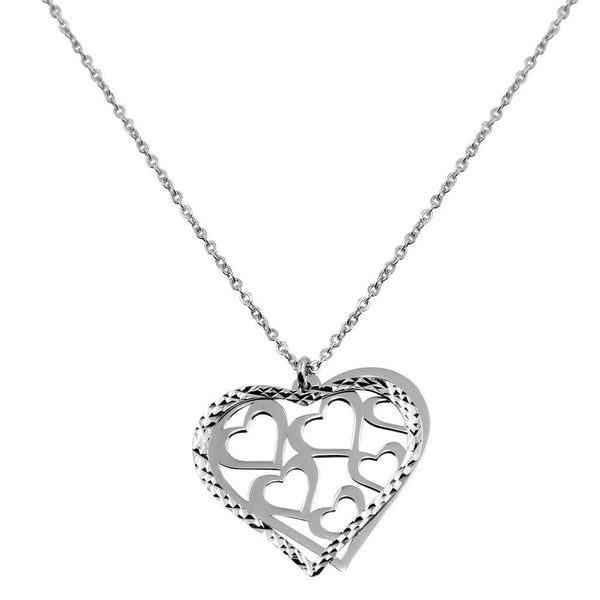Rhodium Plated 925 Sterling Silver Double Flat Open Heart Pendant with Multiple Hearts Design