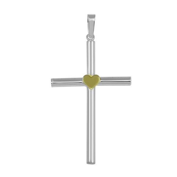 High Polished 925 Sterling Silver Large Cross Pendant with Gold Heart