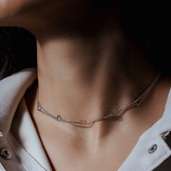 Rhodium Plated 925 Sterling Silver Double Chain Hearts Necklace