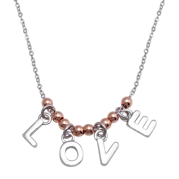 Rhodium Plated 925 Sterling Silver and Rose Gold Plated "Love" Necklace