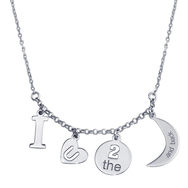 Rhodium Plated 925 Sterling Silver I LOVE U 2 Moon Back Charm Necklace