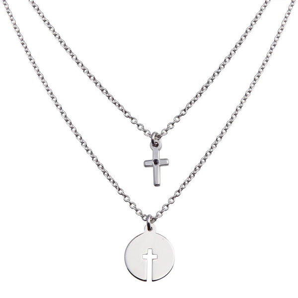 Rhodium Plated 925 Sterling Silver Cross and Cross Cutout Pendant Necklace