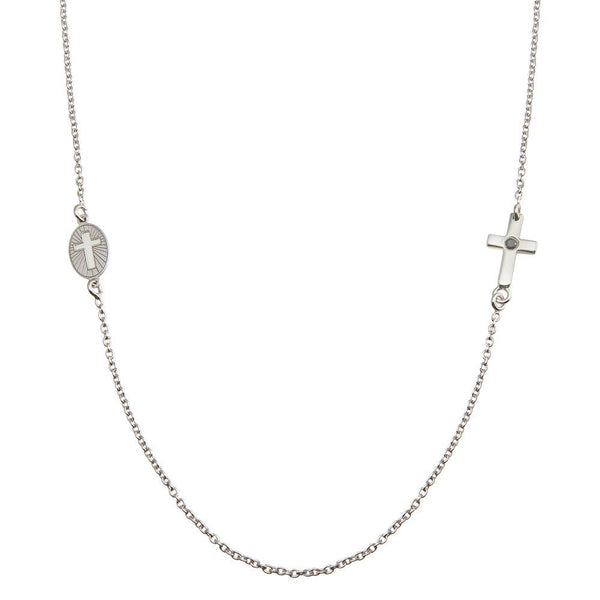 Rhodium Plated 925 Sterling Silver Cross and Illuminated Cross Cutout Necklace