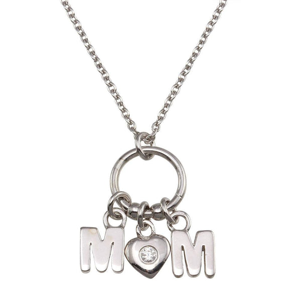 Rhodium Plated 925 Sterling Silver Mom Heart CZ Pendant Necklace
