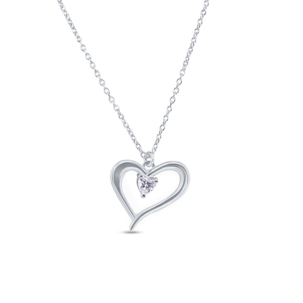 Rhodium Plated 925 Sterling Silver Heart Clear CZ Necklace Pendant