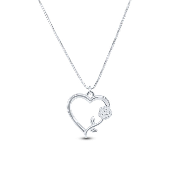Rhodium Plated 925 Sterling Silver Heart Rose Necklace Pendant