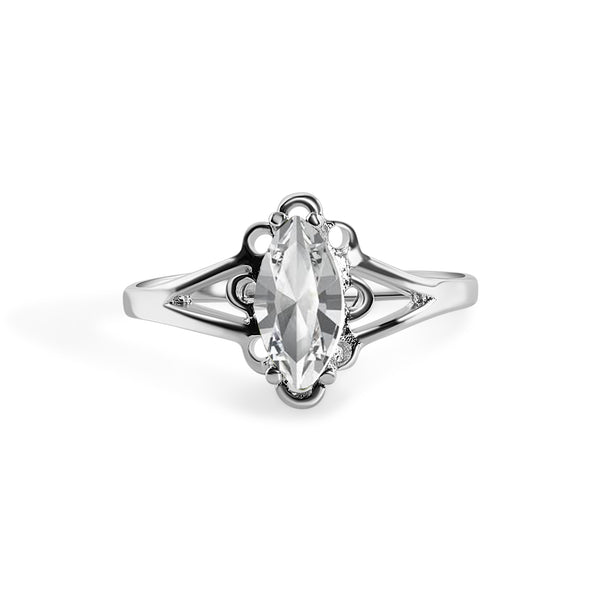 Rhodium Plated 925 Sterling Silver Marquise Birthstone Filigree Ring