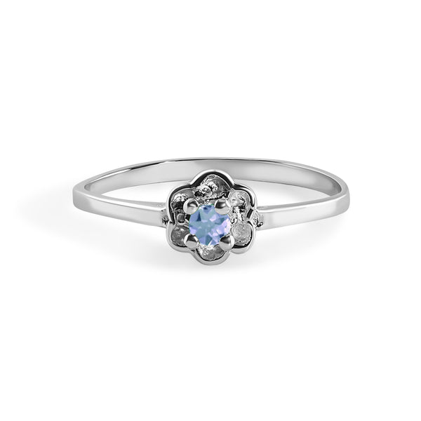 Rhodium Plated 925 Sterling Silver Dainty Birthstone Flower Ring