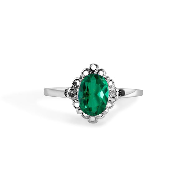 Rhodium Plated 925 Sterling Silver Oval Filagree Birthstone Ring