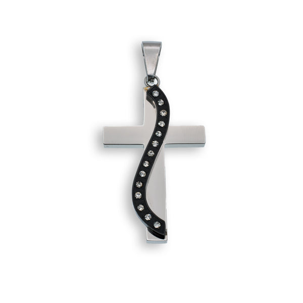 Rhodium & Black Plated Stainless Steel CZ Sash Cross Pendant - SSP00372