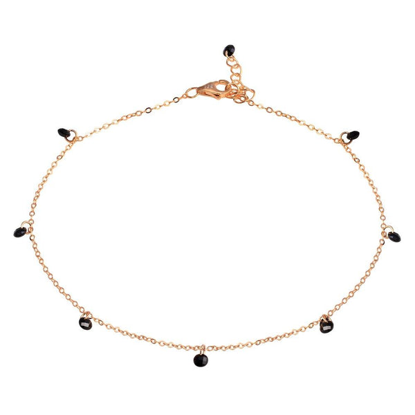 Rose Gold Plated 925 Sterling Silver Dangling Black CZ Anklet