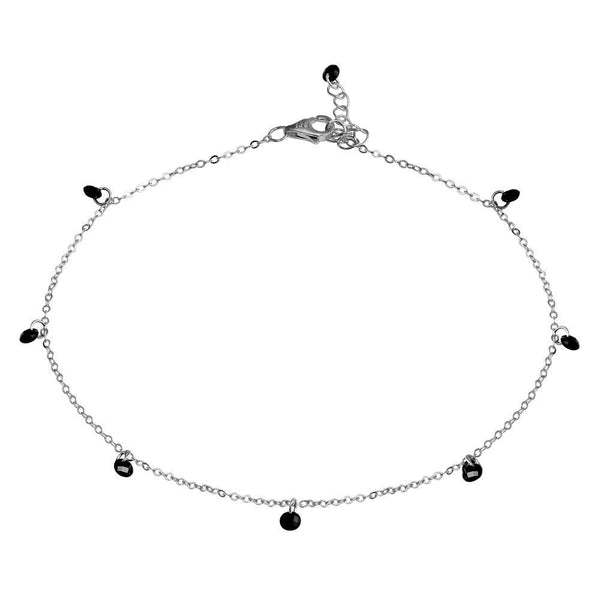 Rhodium Plated 925 Sterling Silver Dangling Black CZ Anklet