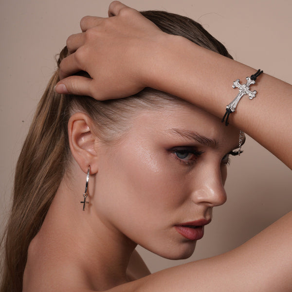 Silver 925 Rhodium Plated Cross Black Cord Bracelet