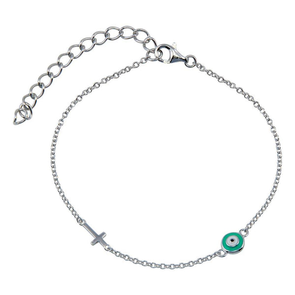 Rhodium Plated 925 Sterling Silver Enamel Evil Eye with Cross Bracelet