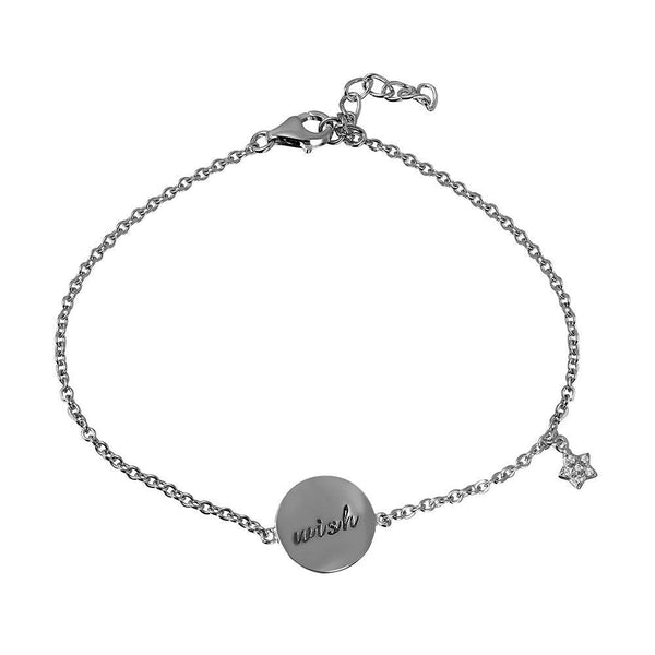 Silver 925 Rhodium Plated Bracelet with Disc Engraved with and Dangle CZ Star