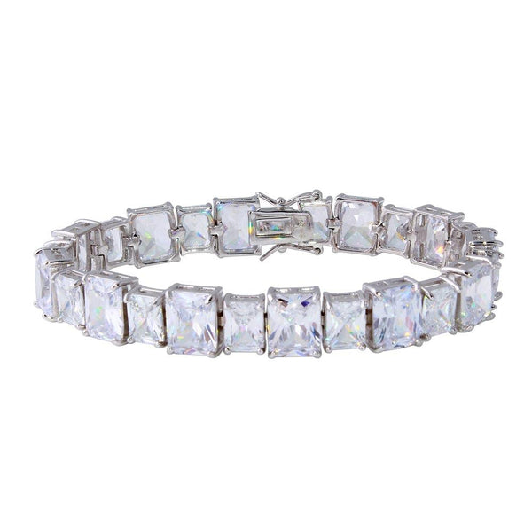 Rhodium Plated 925 Sterling Silver 11mm Alternating Large and Small Rectangle CZ Tennis Bracelet