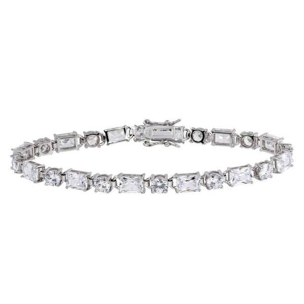 Rhodium Plated 925 Sterling Silver Round and Rectangle CZ Tennis Bracelet