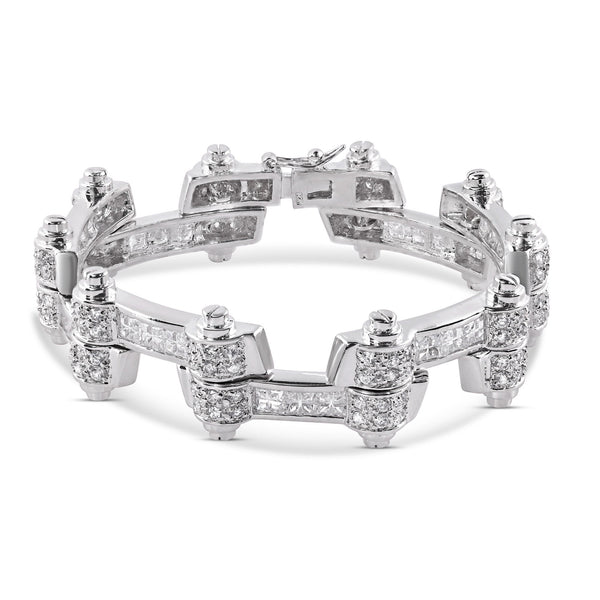 Rhodium Plated 925 Sterling Silver DC CZ Alternating Hinge Men's Bracelet