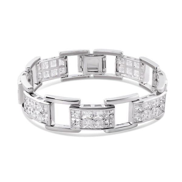 Men's Rhodium Plated 925 Sterling Silver Link Clear Square CZ Studded Bracelet