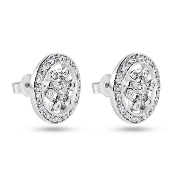 Silver 925 Rhodium Plated Round Helm Wheel CZ Stud Earrings