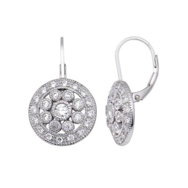 Silver 925 Rhodium Plated Round Cluster CZ Hook Earrings