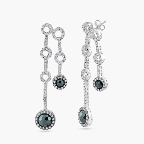 Silver 925 Black Rhodium and Rhodium Plated Round Black and Clear CZ Two Strand Dangling Stud Earrings
