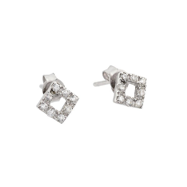 Rhodium Plated 925 Sterling Silver Open Square Stud Earrings with CZ