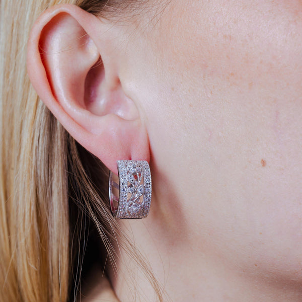 Silver 925 Rhodium Plated Round Filigree CZ huggie hoop Earrings