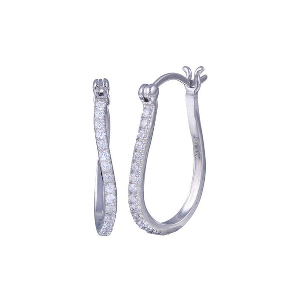 Silver 925 Rhodium Plated Twisted Round CZ Hoop Earrings