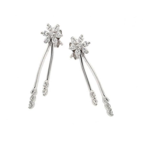 Silver 925 Rhodium Plated Flower CZ Long Strand Earrings