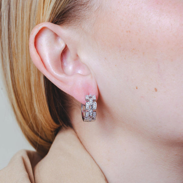 Silver 925 Rhodium Plated Baguette Alternated Clear CZ Hoop Earrings