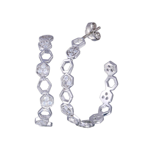 Silver 925 Rhodium Plated Hexagon Clear CZ Round J Hook Stud Earrings