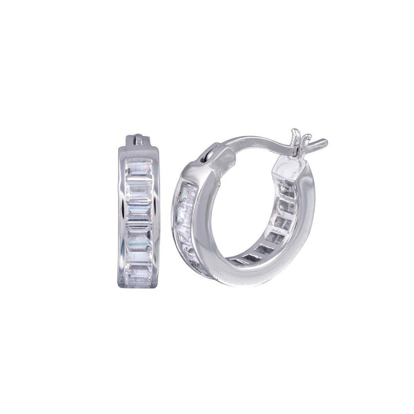 Silver 925 Rhodium Plated Baguette Clear CZ Hoop Earrings