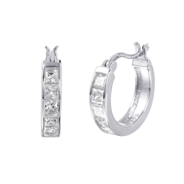 Silver 925 Rhodium Plated Hoop Square CZ Earrings