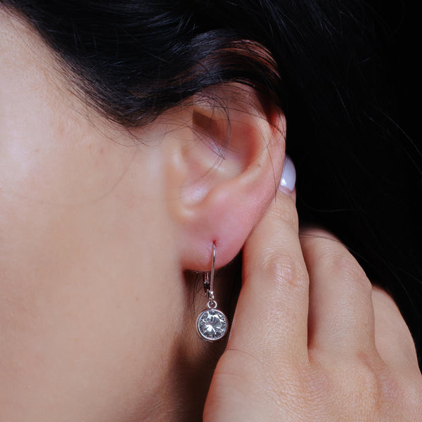 Silver 925 Rhodium Plated Round Clear CZ Dangling Hook Earrings