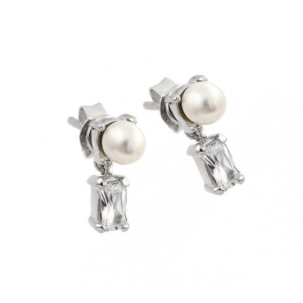 Silver 925 Rhodium Plated Baguette Clear CZ Pearl Dangling Stud Earrings