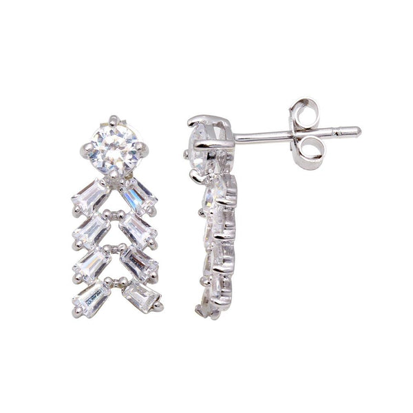 Silver 925 Rhodium Plated Rectangle Baguette CZ Chandelier Stud Earrings