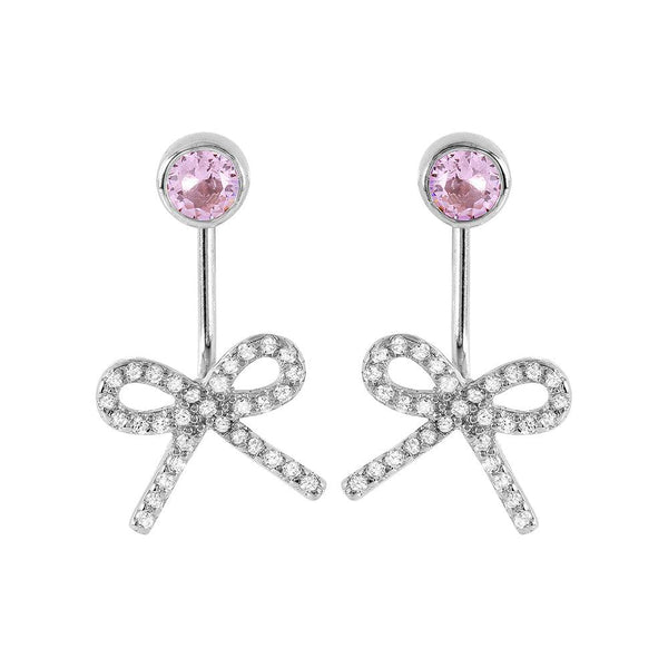 Silver 925 Rhodium Plated Bowtie Pink CZ Earrings