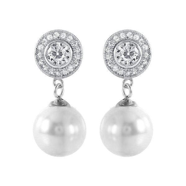 Silver 925 Rhodium Plated Pearl CZ Cluster Earrings