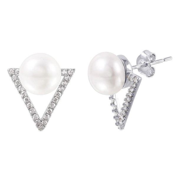 Silver 925 Rhodium Plated Open Triangle Fresh Water Pearl CZ Stud Earrings