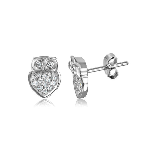 Silver 925 Rhodium Plated Owl Post CZ Earrings