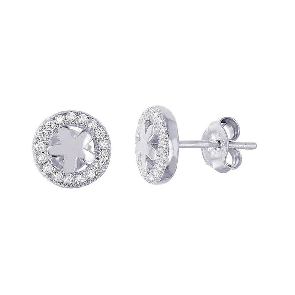 Silver 925 Rhodium Plated Flower Halo CZ Earrings