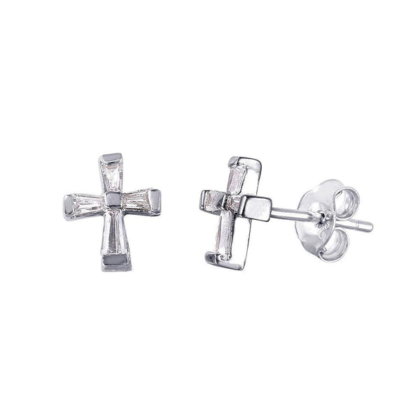 Silver 925 Rhodium Plated Baguette CZ Cross Earrings