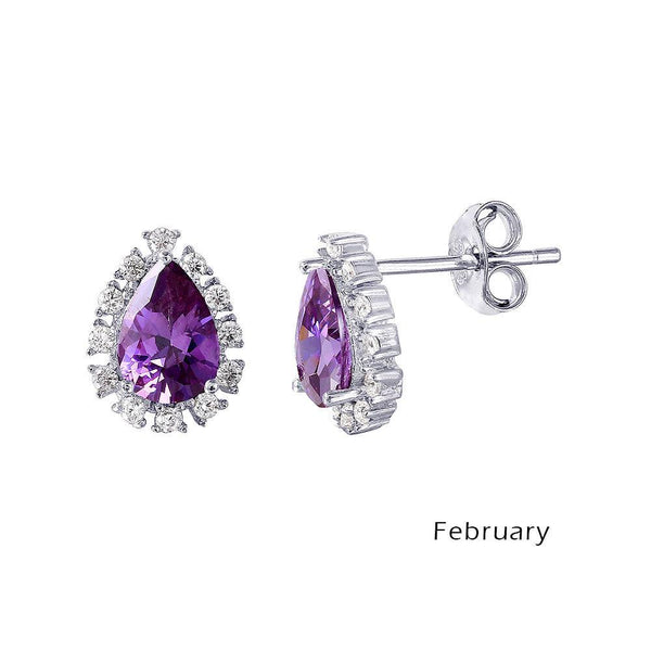 Rhodium Plated 925 Sterling Silver Teardrop Halo CZ Birthstone Earrings February