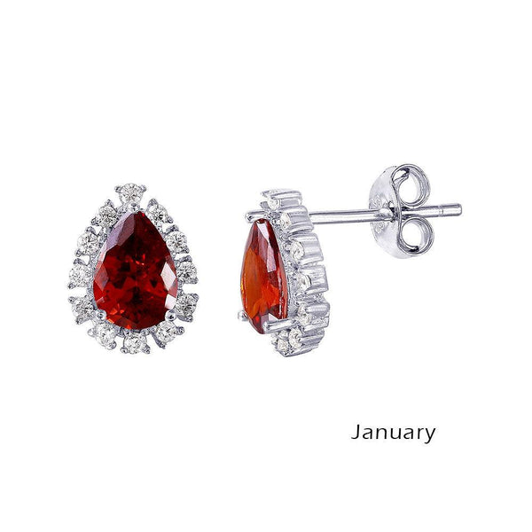 Rhodium Plated 925 Sterling Silver Teardrop Halo CZ Birthstone Earrings January