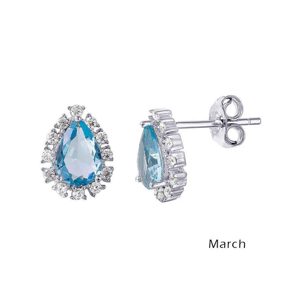 Rhodium Plated 925 Sterling Silver Teardrop Halo CZ Birthstone Earrings March