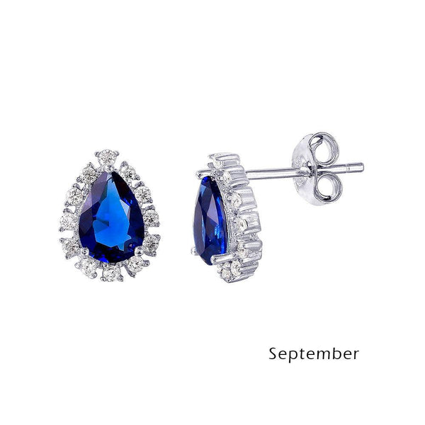 Rhodium Plated 925 Sterling Silver Teardrop Halo CZ Birthstone Earrings September