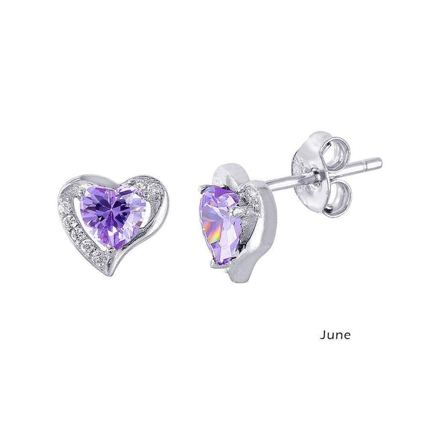 Rhodium Plated 925 Sterling Silver Heart with Birthstone Center Stud Earrings June