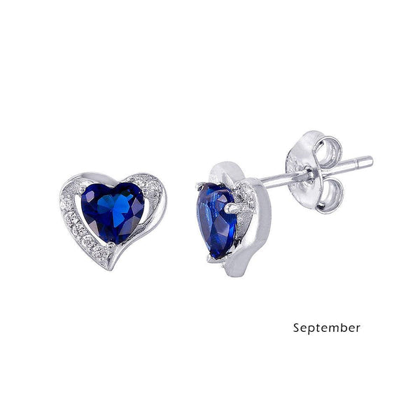 Rhodium Plated 925 Sterling Silver Heart with Birthstone Center Stud Earrings September