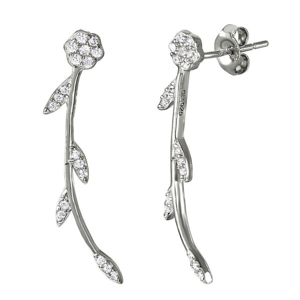 Silver 925 Rhodium Plated Long Stem Flower Earrings with CZ